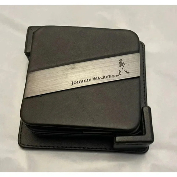Set of 4 Johnnie Walker Leather Coaster Black Silver Band 10x10 - Picture 7 of 7